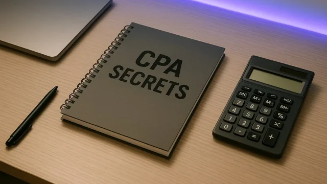 Cuaderno con el título "CPA Secrets" sobre escritorio moderno, simbolizando las claves ocultas del CPA marketing