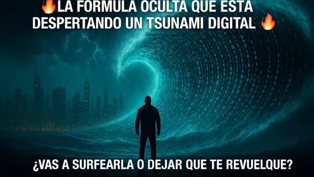 Silueta de una persona frente a una ola digital gigante formada por códigos binarios, con una ciudad futurista al fondo bajo un cielo tormentoso. El texto dice: "La fórmula oculta que está despertando un tsunami digital. ¿Vas a surfearla o dejar que te revuelque?"